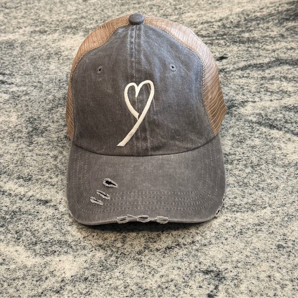 New Custom Designed Gray & Tan Mesh Trucker Hat with White Abstract Heart
